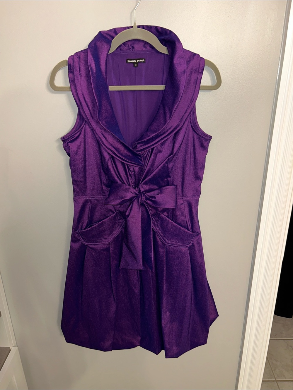Samuel Dong Satin Purple Sleeveless Tie-Front Dress